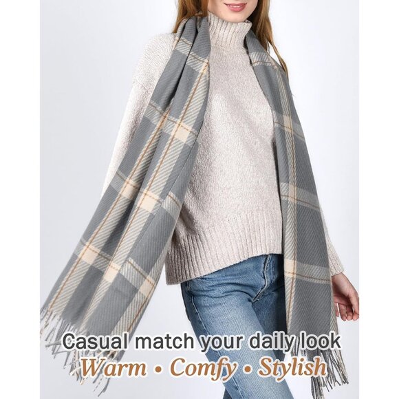 Winter Scarf Women's Shawl Cashmere Feel Tassel Plaid Oversized Scarves Grey - Picture 3 of 7